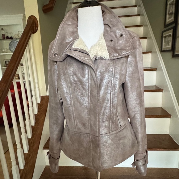 Via Spiga Metallic Moto Vegan Fur-lined Jacket Sz L - Picture 1 of 9